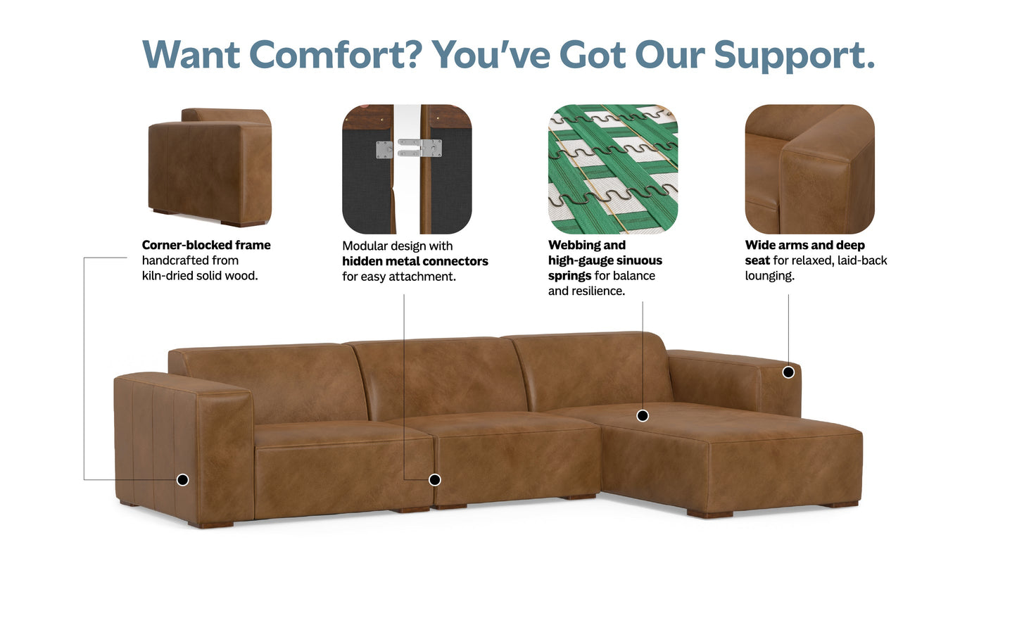 Caramel Brown Genuine Leather | Rex 2 Seater Sofa and Right Chaise in Genuine Leather