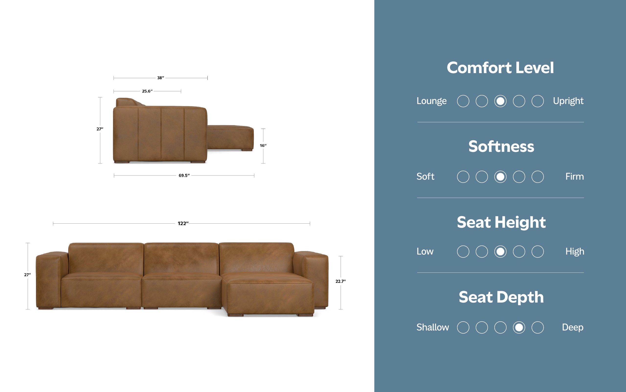 Caramel Brown Genuine Leather | Rex 2 Seater Sofa and Right Chaise in Genuine Leather