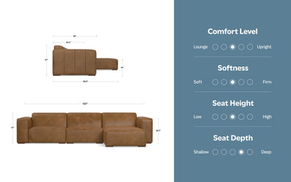 Caramel Brown Genuine Leather | Rex 2 Seater Sofa and Right Chaise in Genuine Leather