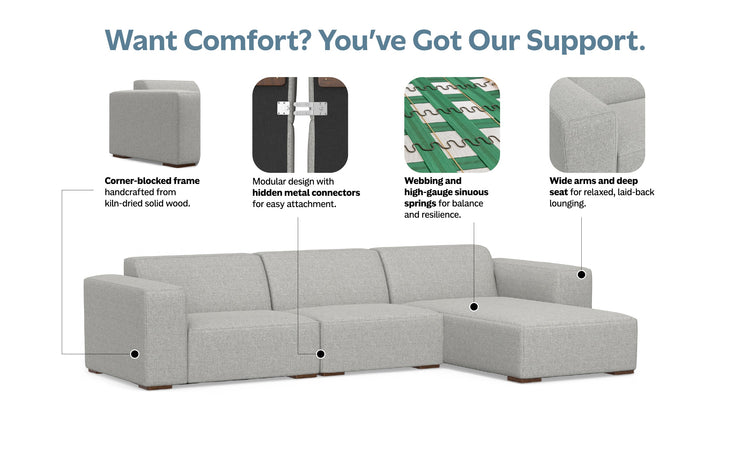 Pale Grey Performance Fabric | Rex 2 Seater Sofa and Right Chaise in Performance Fabric