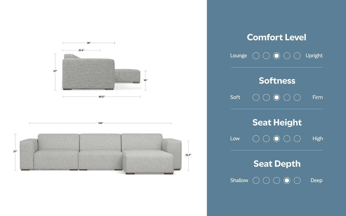 Pale Grey Performance Fabric | Rex 2 Seater Sofa and Right Chaise in Performance Fabric