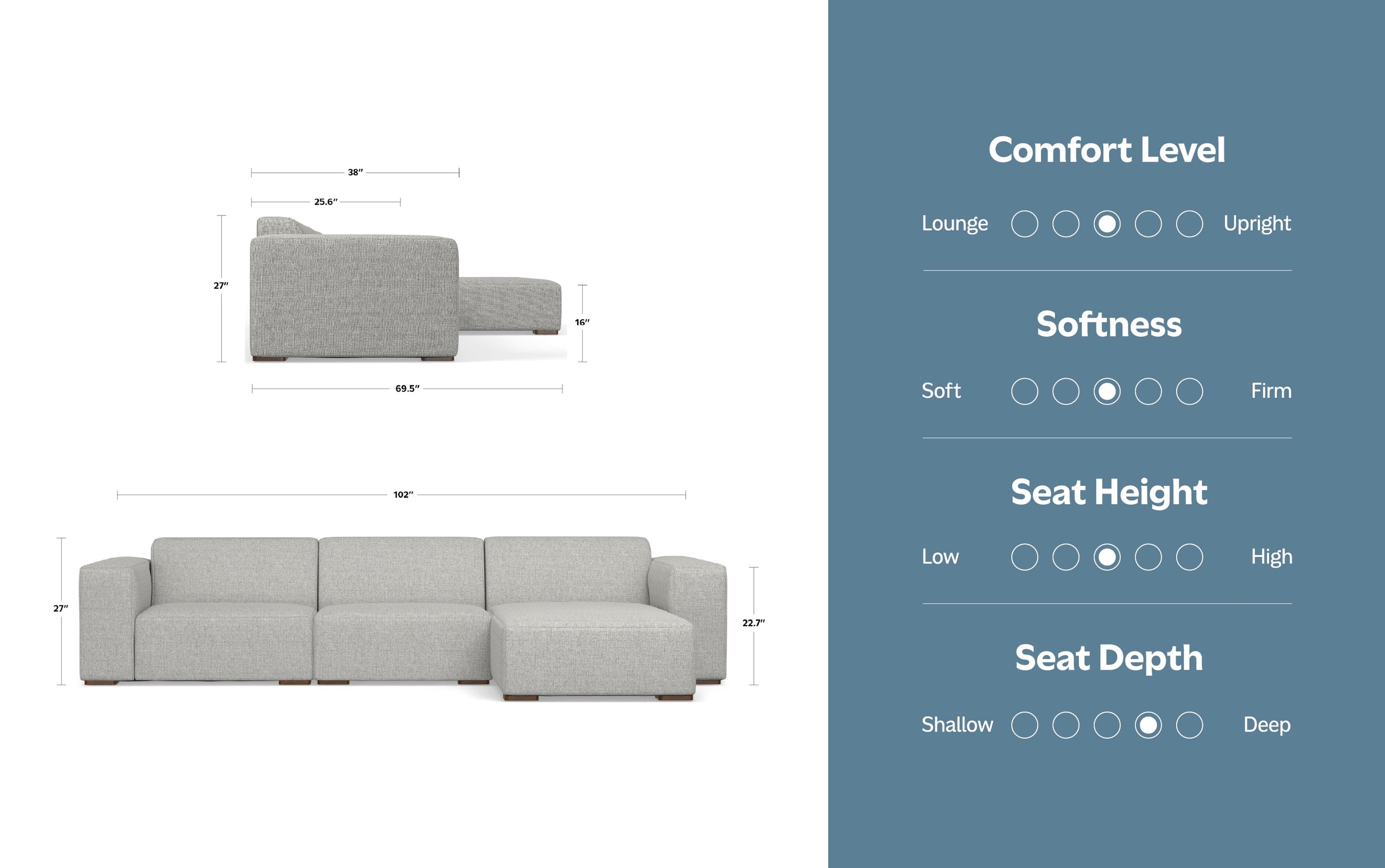 Pale Grey Performance Fabric | Rex 2 Seater Sofa and Right Chaise in Performance Fabric