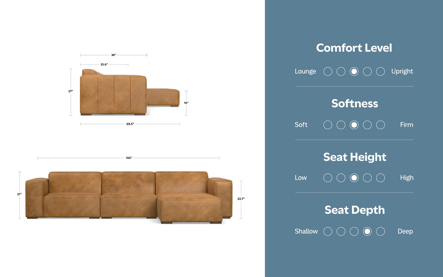 Sienna Genuine Leather | Rex 2 Seater Sofa and Right Chaise in Genuine Leather