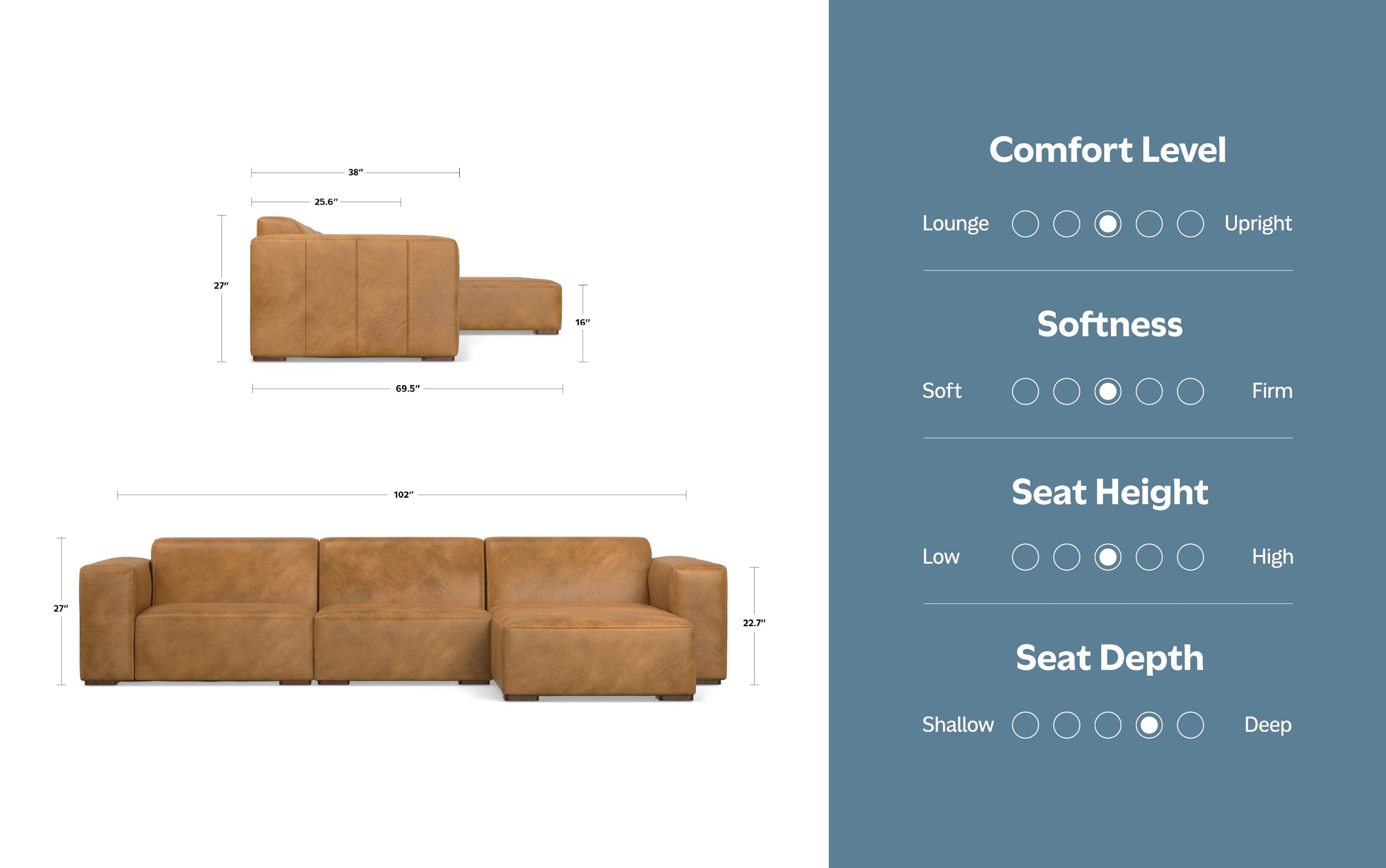 Sienna Genuine Leather | Rex 2 Seater Sofa and Right Chaise in Genuine Leather
