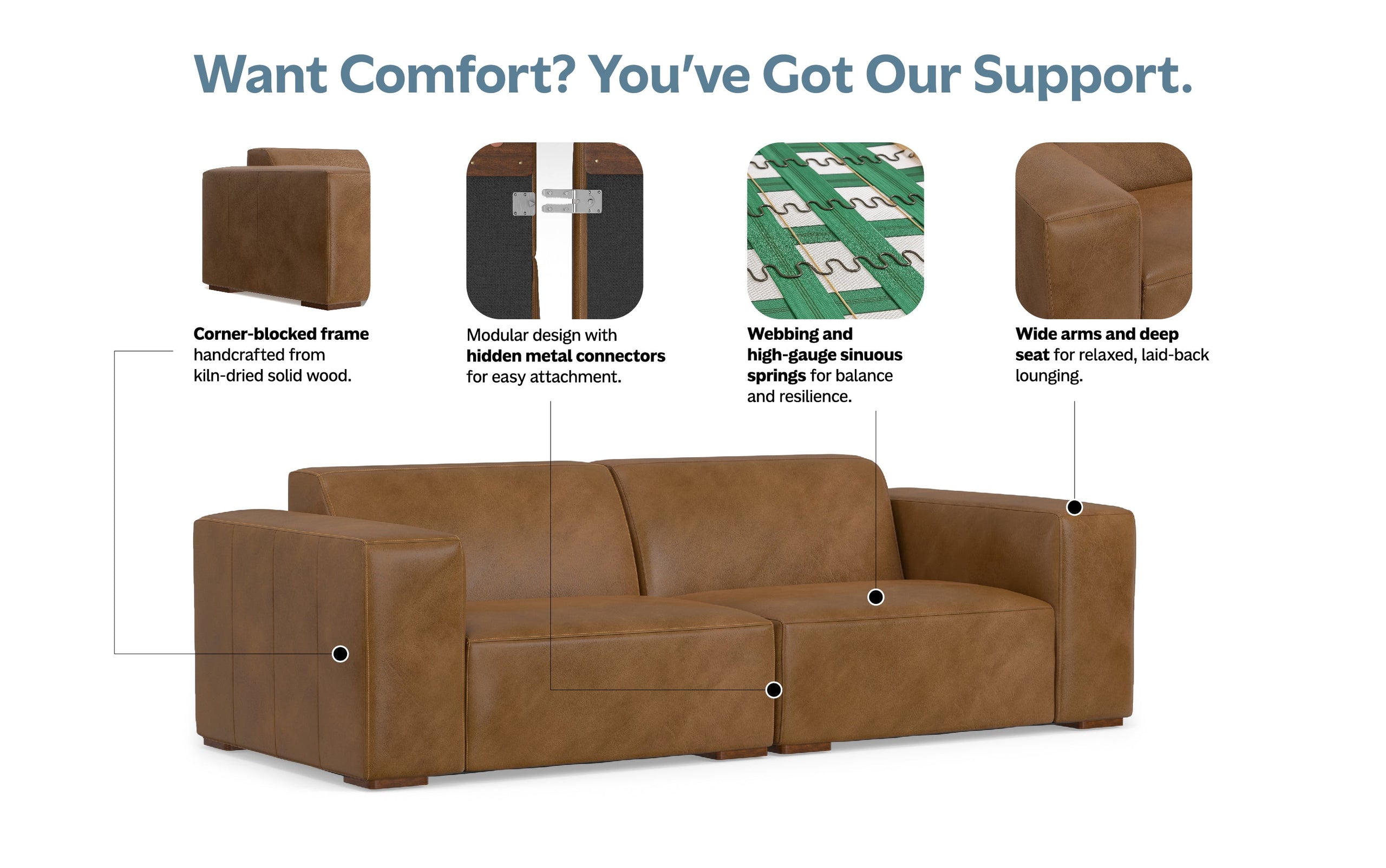 Caramel Brown Genuine Leather | Rex 2 Seater Sofa in Genuine Leather