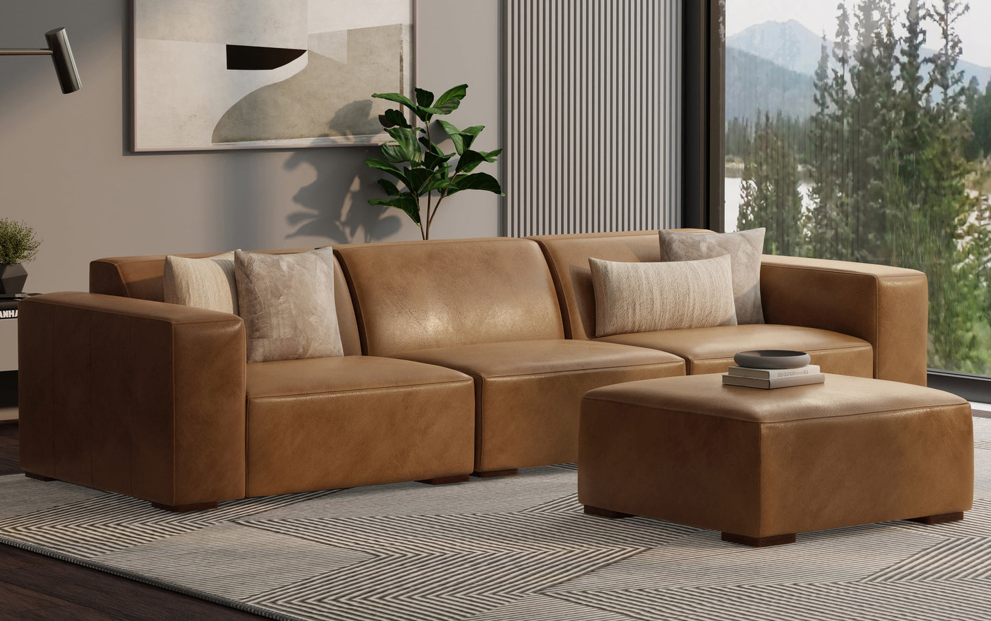 Caramel Brown Genuine Leather | Rex 3 Seater Sofa and Ottoman in Genuine Leather