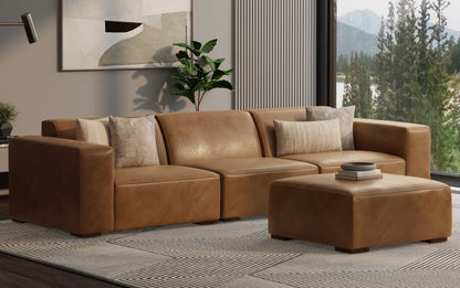 Caramel Brown Genuine Leather | Rex 3 Seater Sofa and Ottoman in Genuine Leather