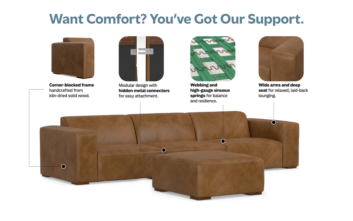 Caramel Brown Genuine Leather | Rex 3 Seater Sofa and Ottoman in Genuine Leather