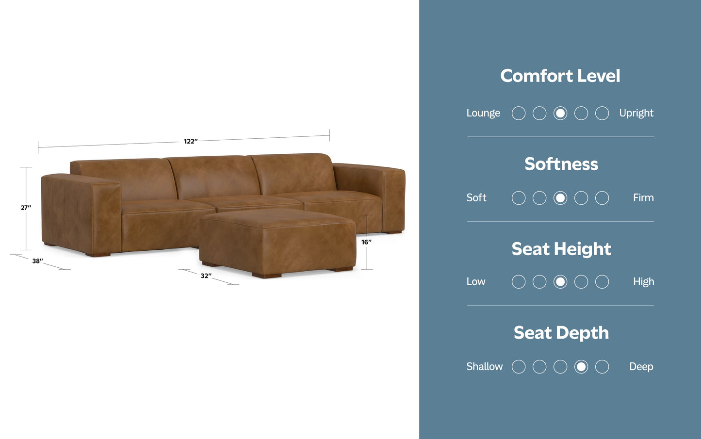 Caramel Brown Genuine Leather | Rex 3 Seater Sofa and Ottoman in Genuine Leather