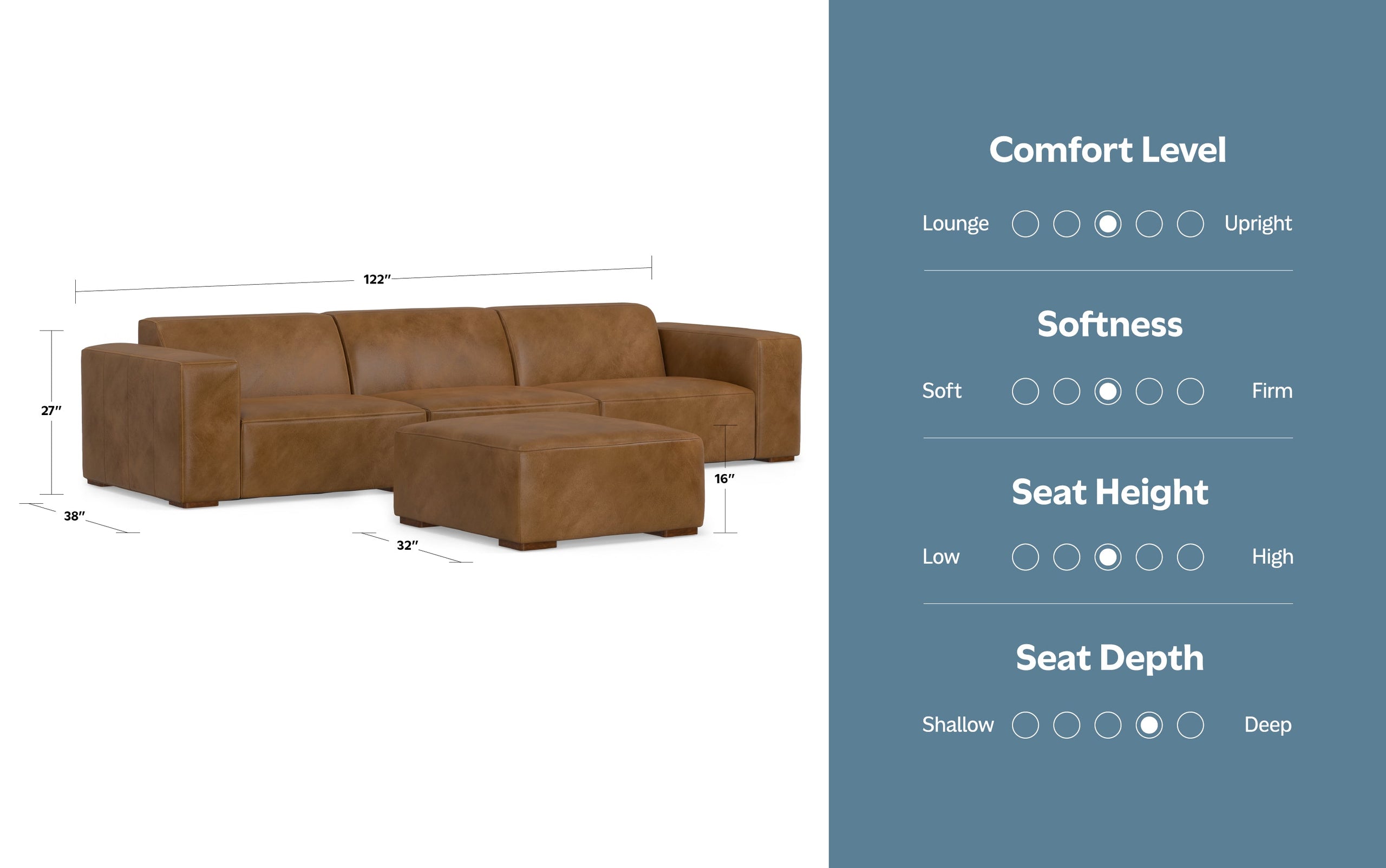 Caramel Brown Genuine Leather | Rex 3 Seater Sofa and Ottoman in Genuine Leather