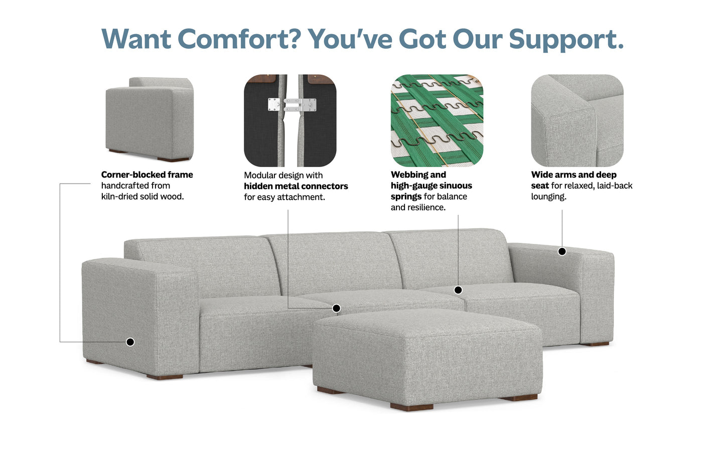 Pale Grey Performance Fabric | Rex 3 Seater Sofa and Ottoman in Performance Fabric
