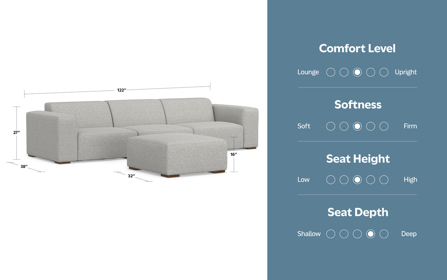 Pale Grey Performance Fabric | Rex 3 Seater Sofa and Ottoman in Performance Fabric