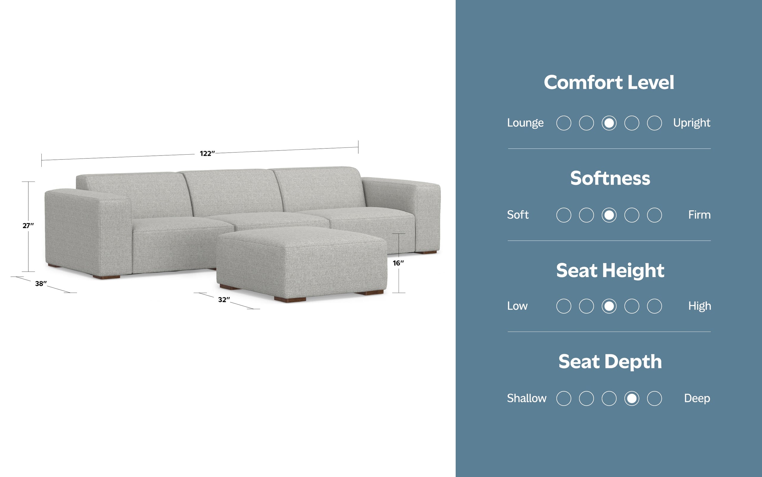 Pale Grey Performance Fabric | Rex 3 Seater Sofa and Ottoman in Performance Fabric