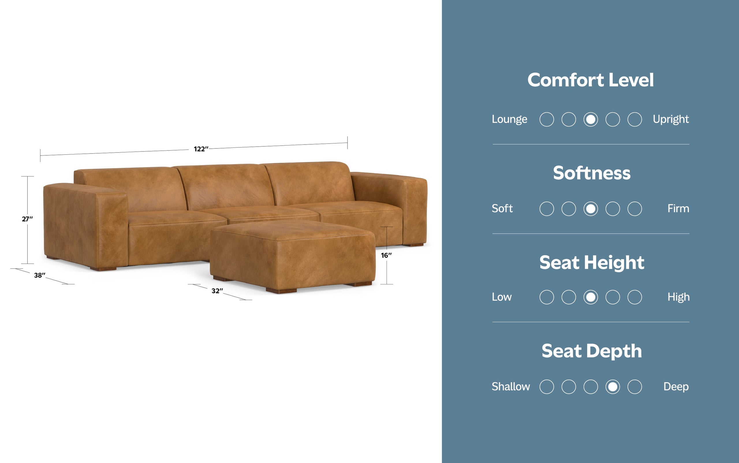 Sienna Genuine Leather | Rex 3 Seater Sofa and Ottoman in Genuine Leather