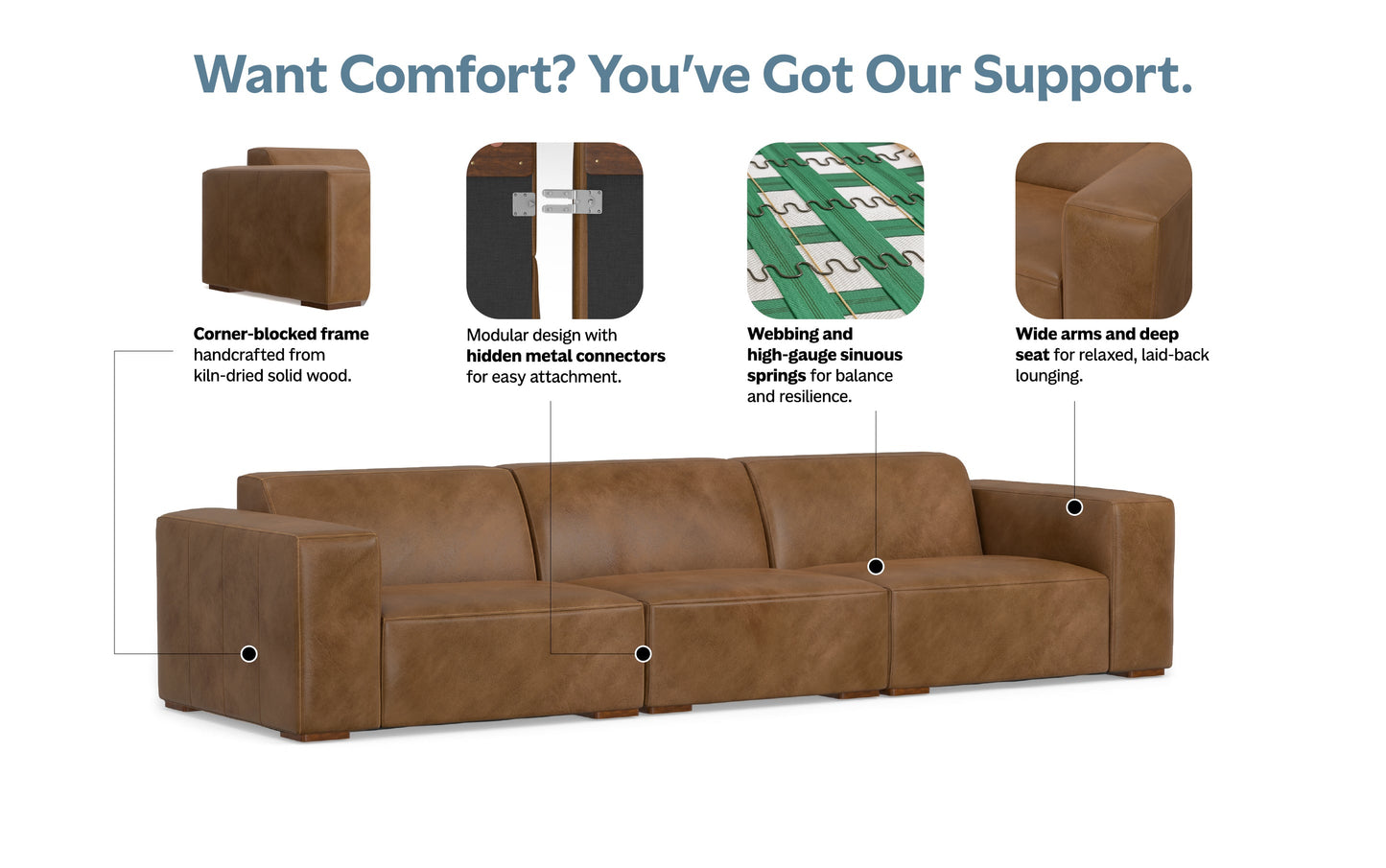 Caramel Brown Genuine Leather | Rex 3 Seater Sofa in Genuine Leather