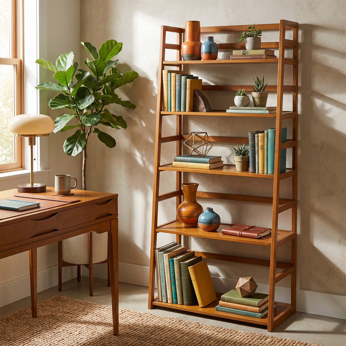 Light Golden Brown | Acadian Ladder Shelf Bookcase