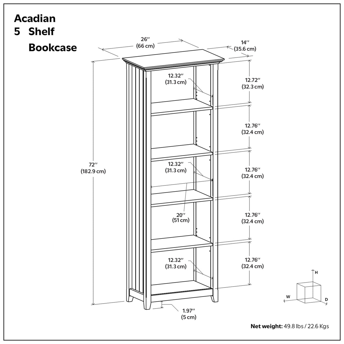 White | Acadian 5 Shelf Bookcase