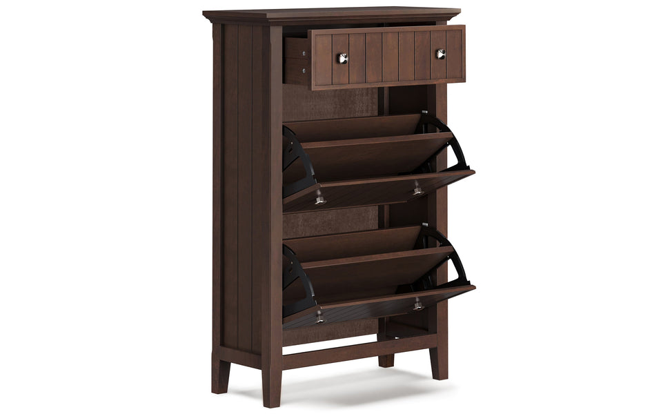 Simpli Home Acadian Solid Wood 32 inch Wide Transitional Entryway Shoe Storage Cabinet in Brunette Brown