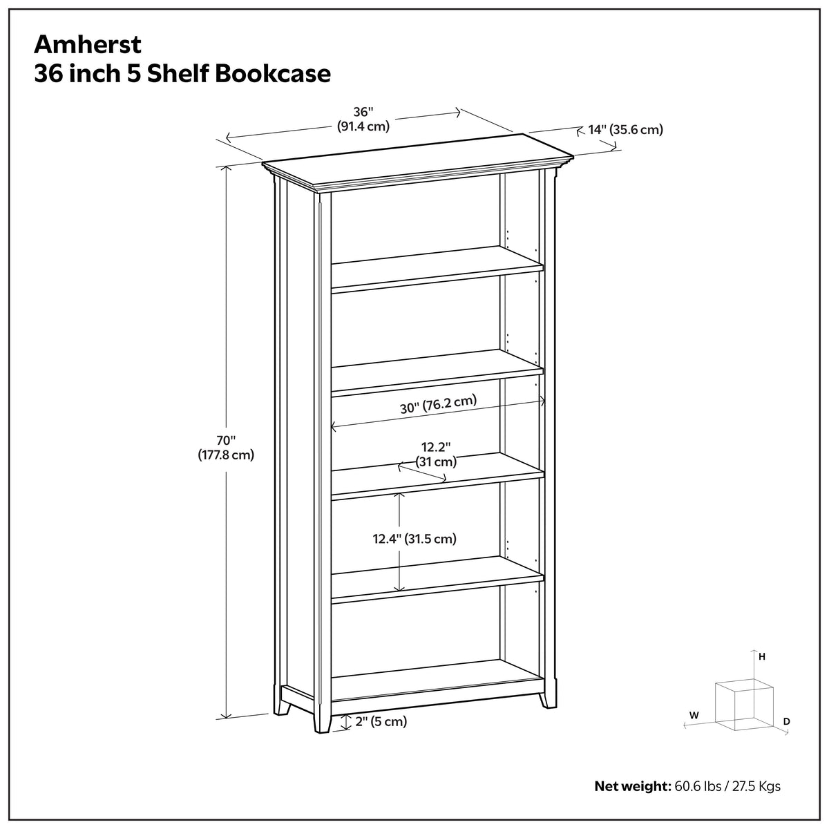 Amherst 36 inch 5 Shelf Bookcase