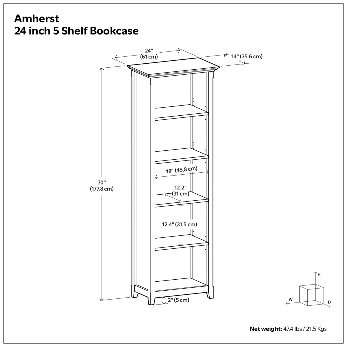 Hickory Brown | Amherst 24 inch 5 Shelf Bookcase