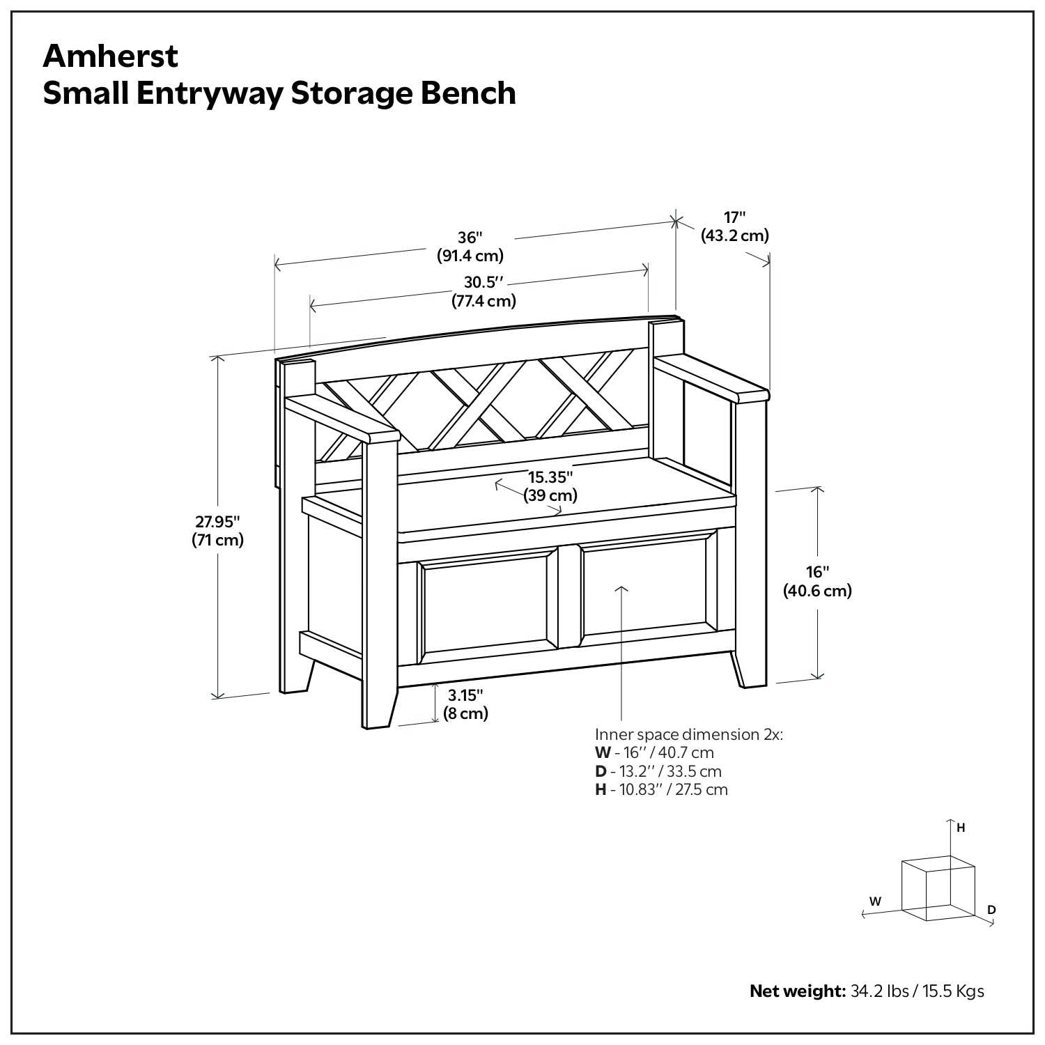 Black | Amherst Small Entryway Storage Bench