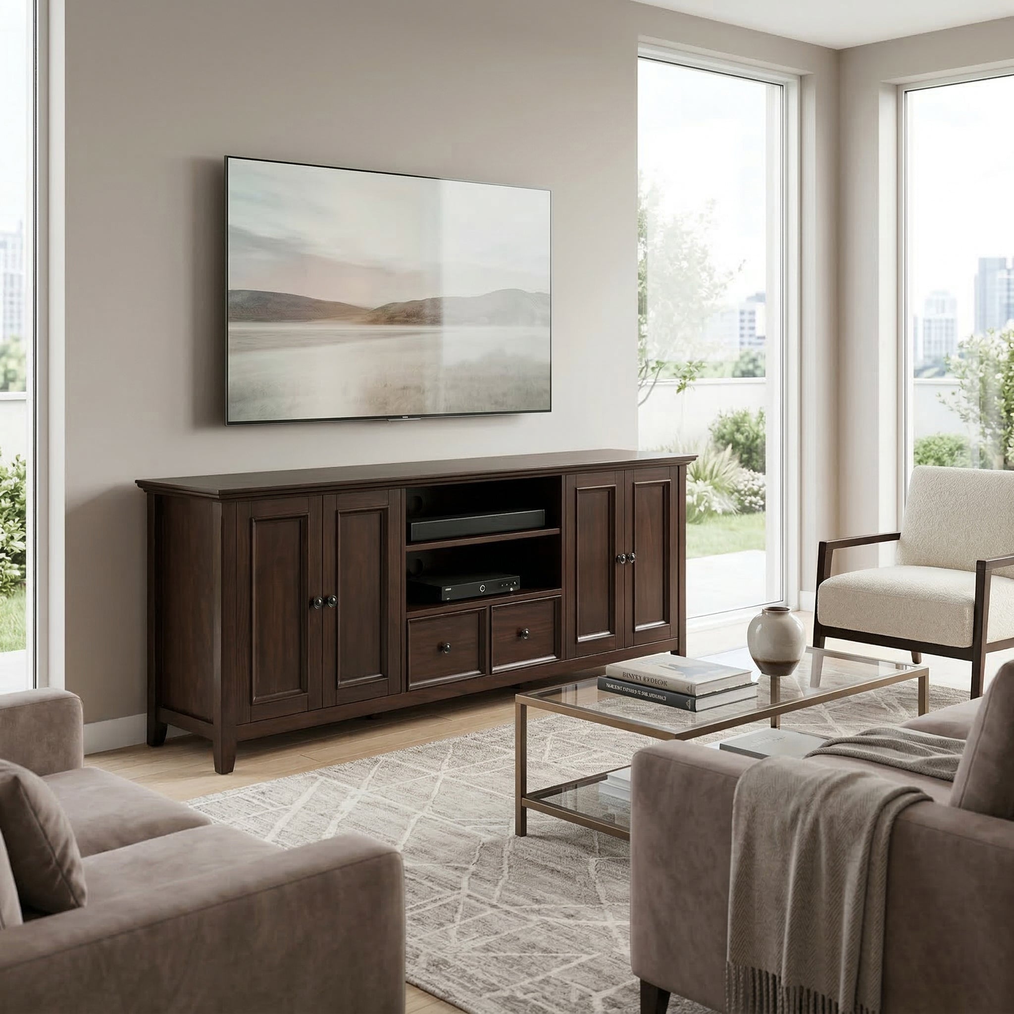 Amherst 84 inch Wide Solid Wood TV Stand in Brunette Brown/Bronze