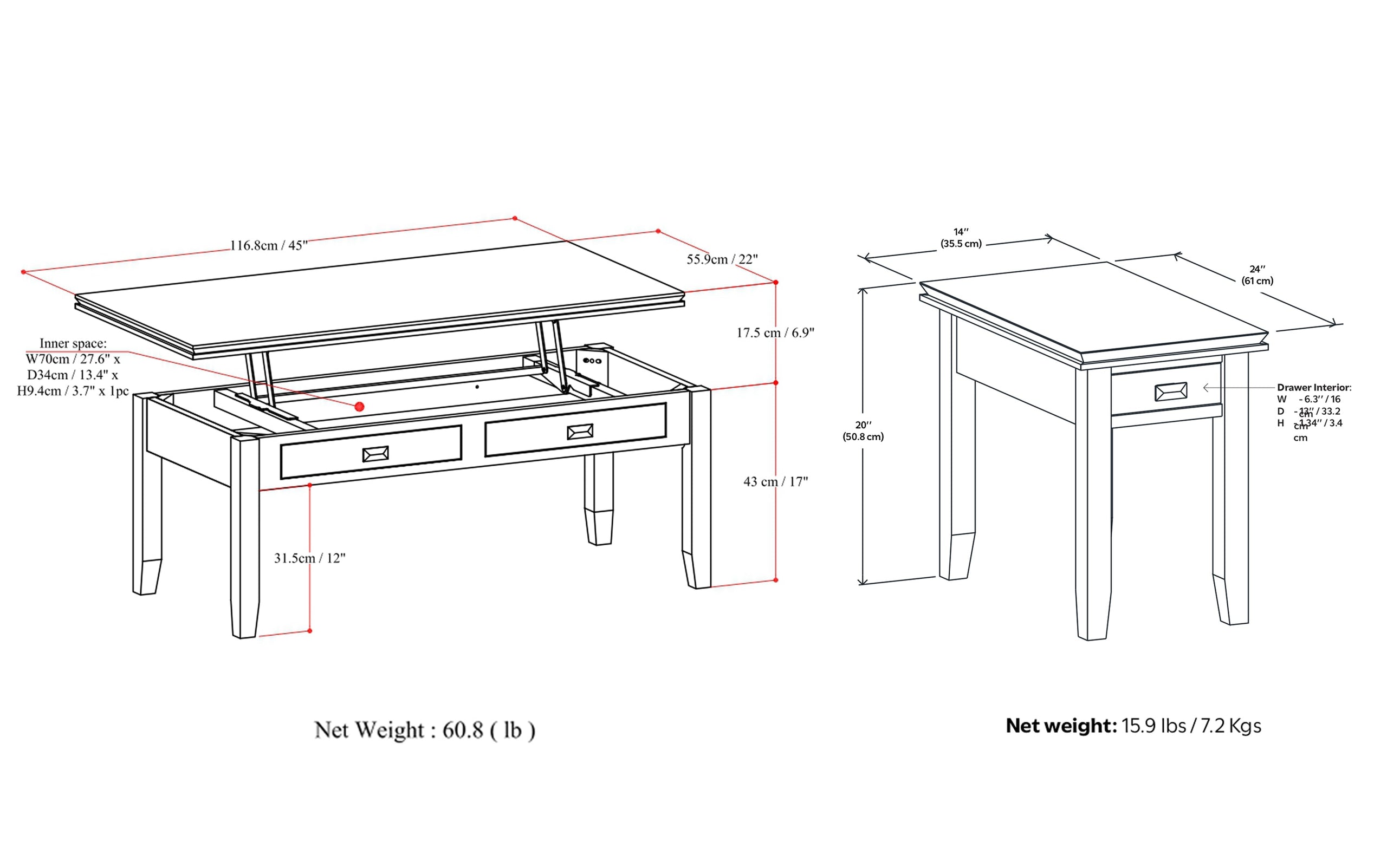 Russet Brown | Artisan 46 inch Coffee Table with 14 inch End Tables (Set of 3)