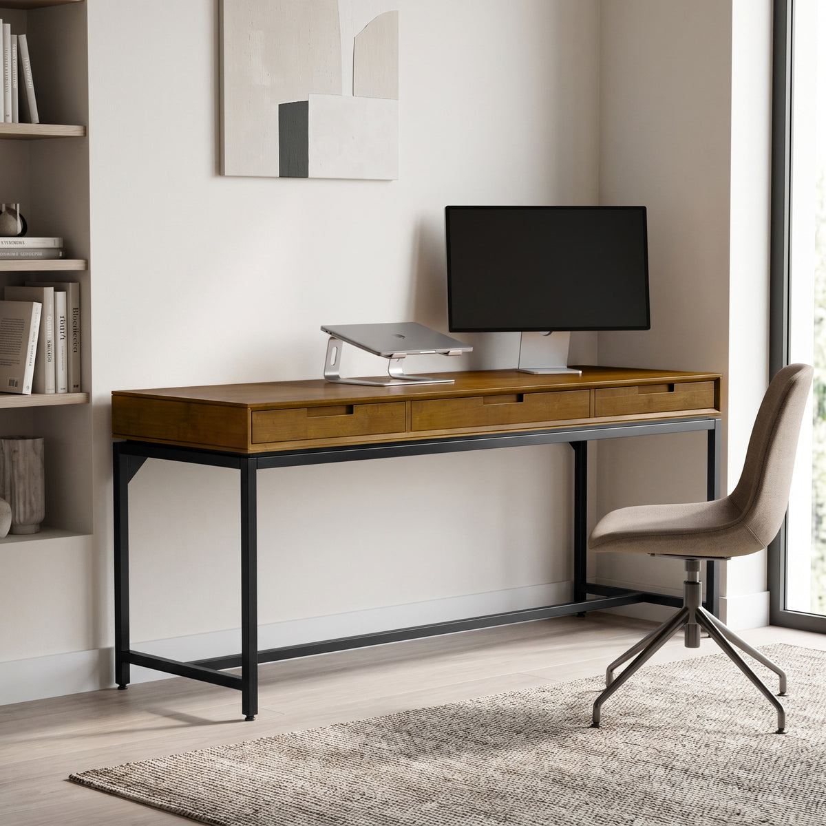 Medium Saddle Brown Rubberwood | Banting Mid Century Wide Desk in Rubberwood