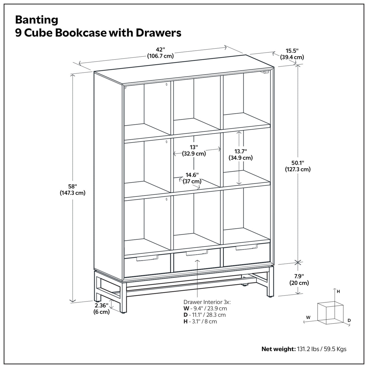 Walnut Brown | Banting 9 Cube Bookcase with Drawers