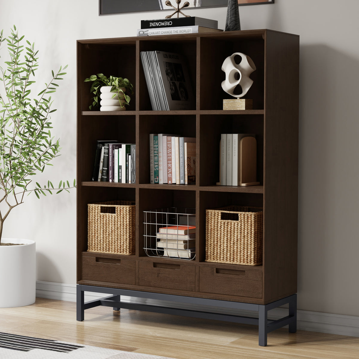 Walnut Brown | Banting 9 Cube Bookcase with Drawers