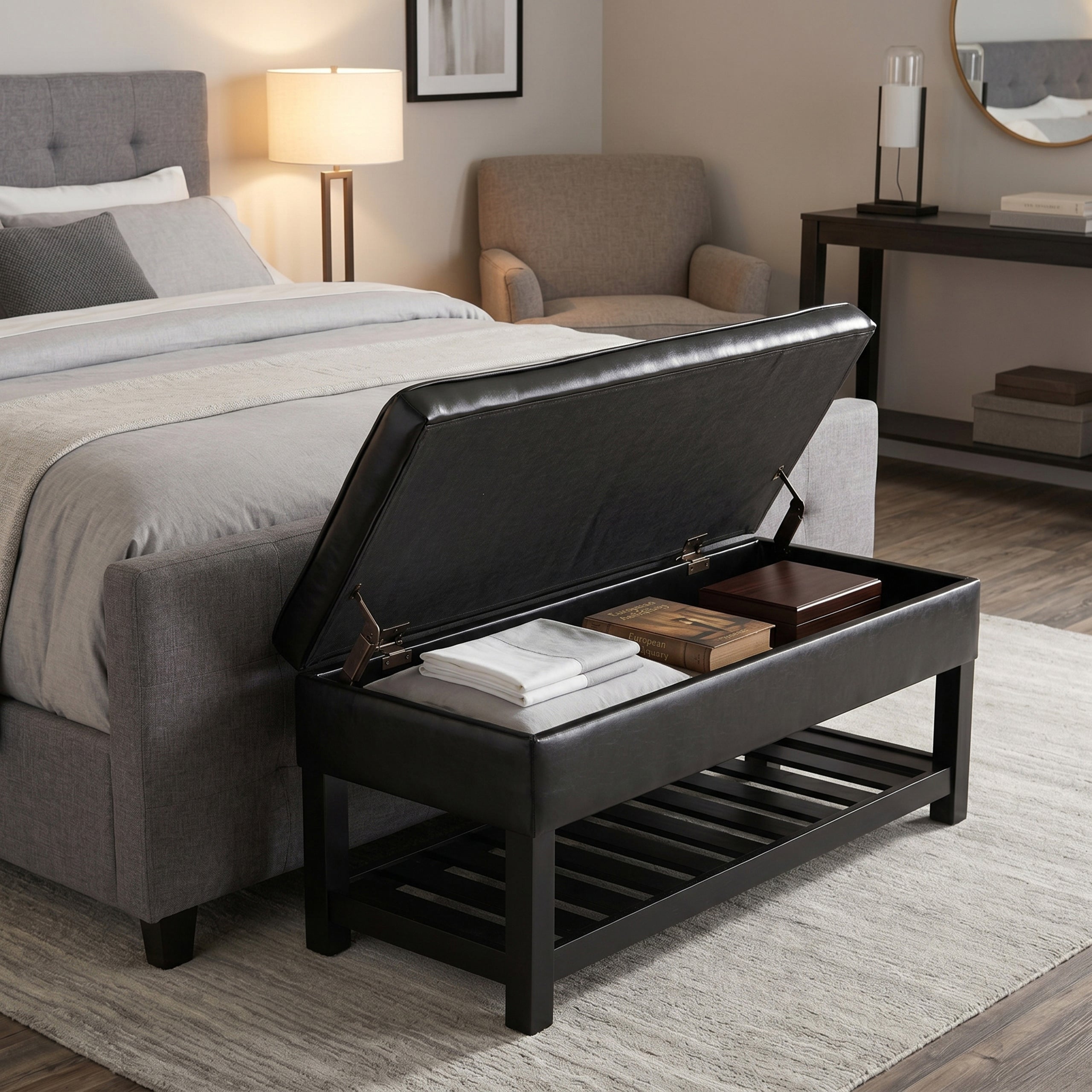 Midnight Black Vegan Leather | Cosmopolitan Ottoman Bench in Vegan Leather