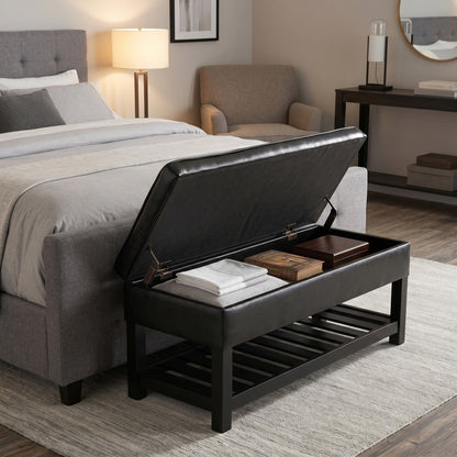 Midnight Black Vegan Leather | Cosmopolitan Ottoman Bench in Vegan Leather