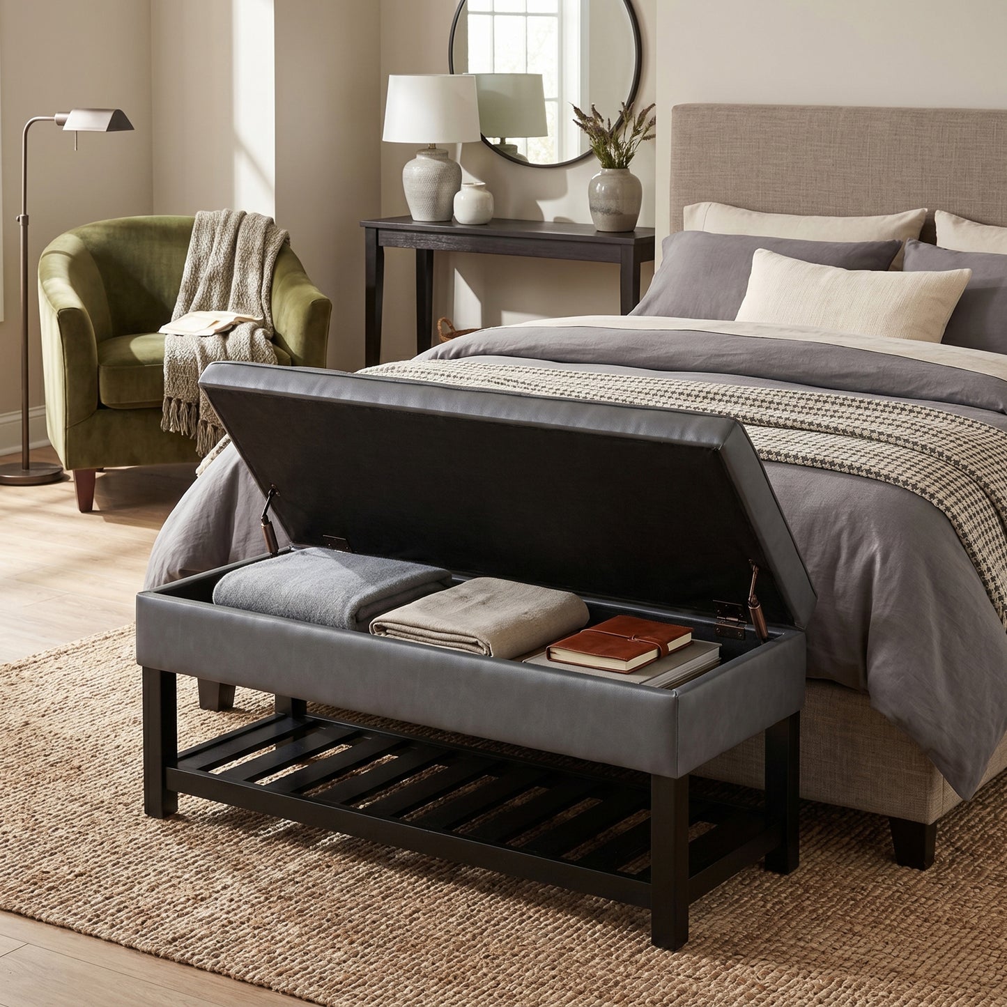 Stone Grey Vegan Leather | Cosmopolitan Entryway Storage Ottoman Bench