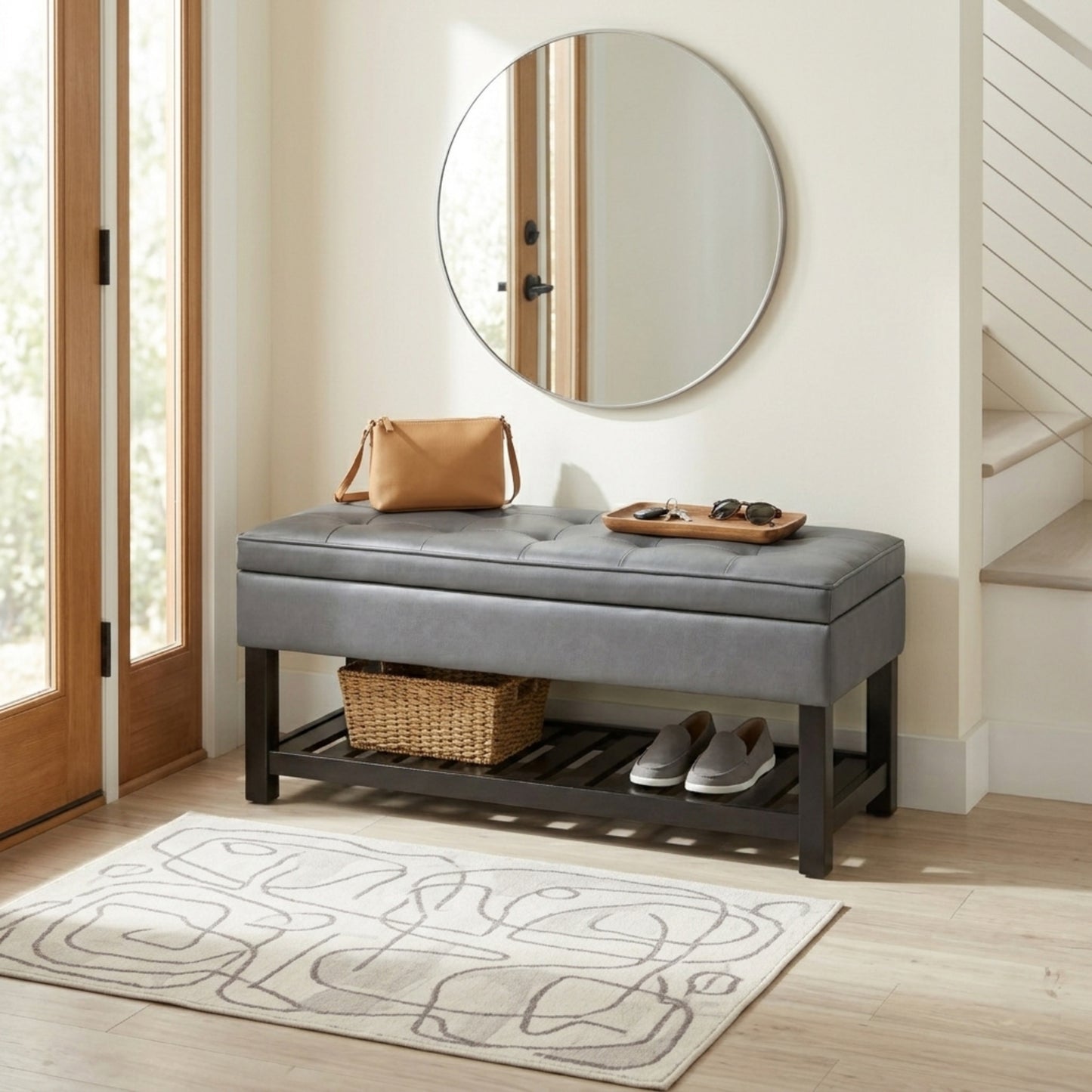 Stone Grey Vegan Leather | Cosmopolitan Entryway Storage Ottoman Bench