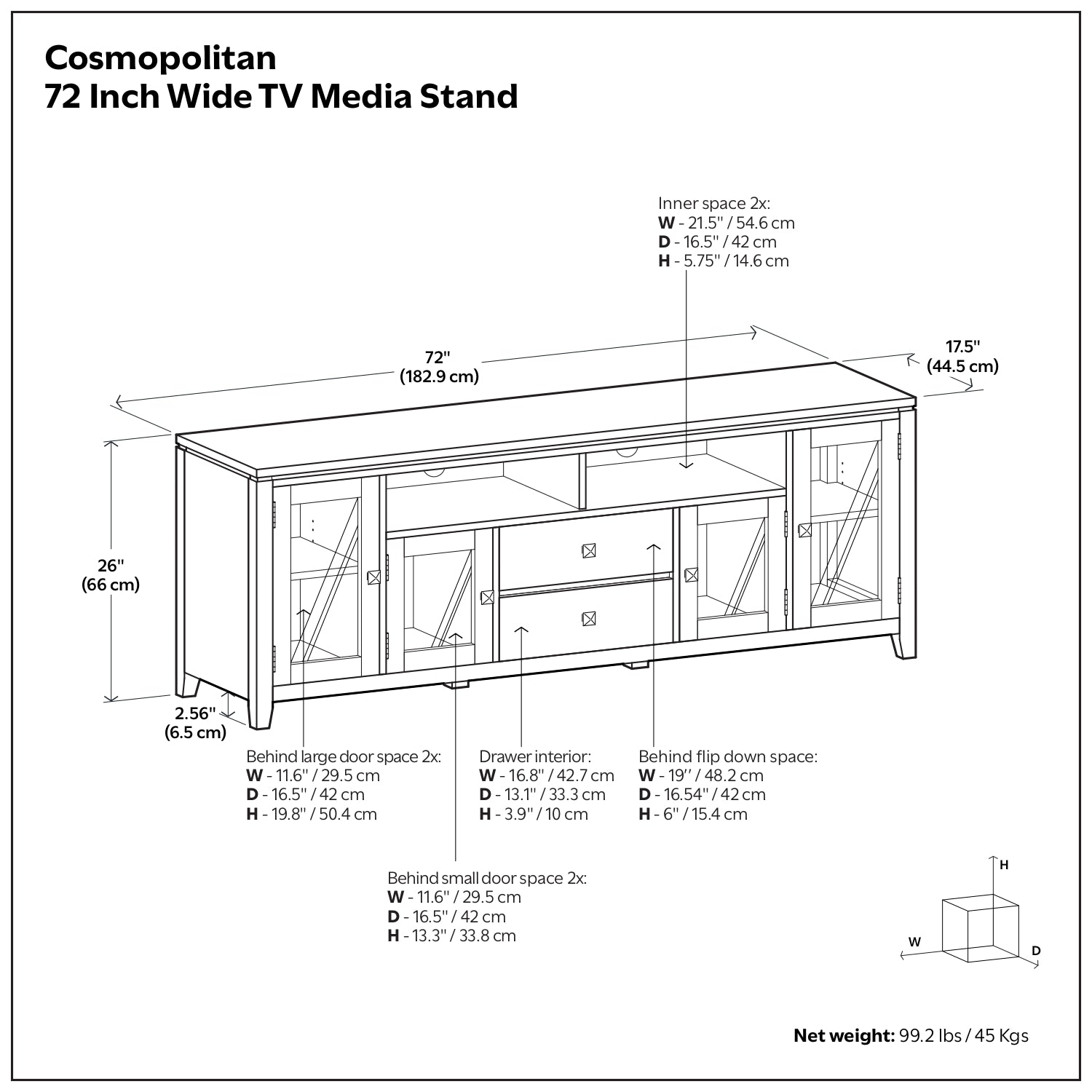 White | Cosmopolitan 72 inch TV Stand in White