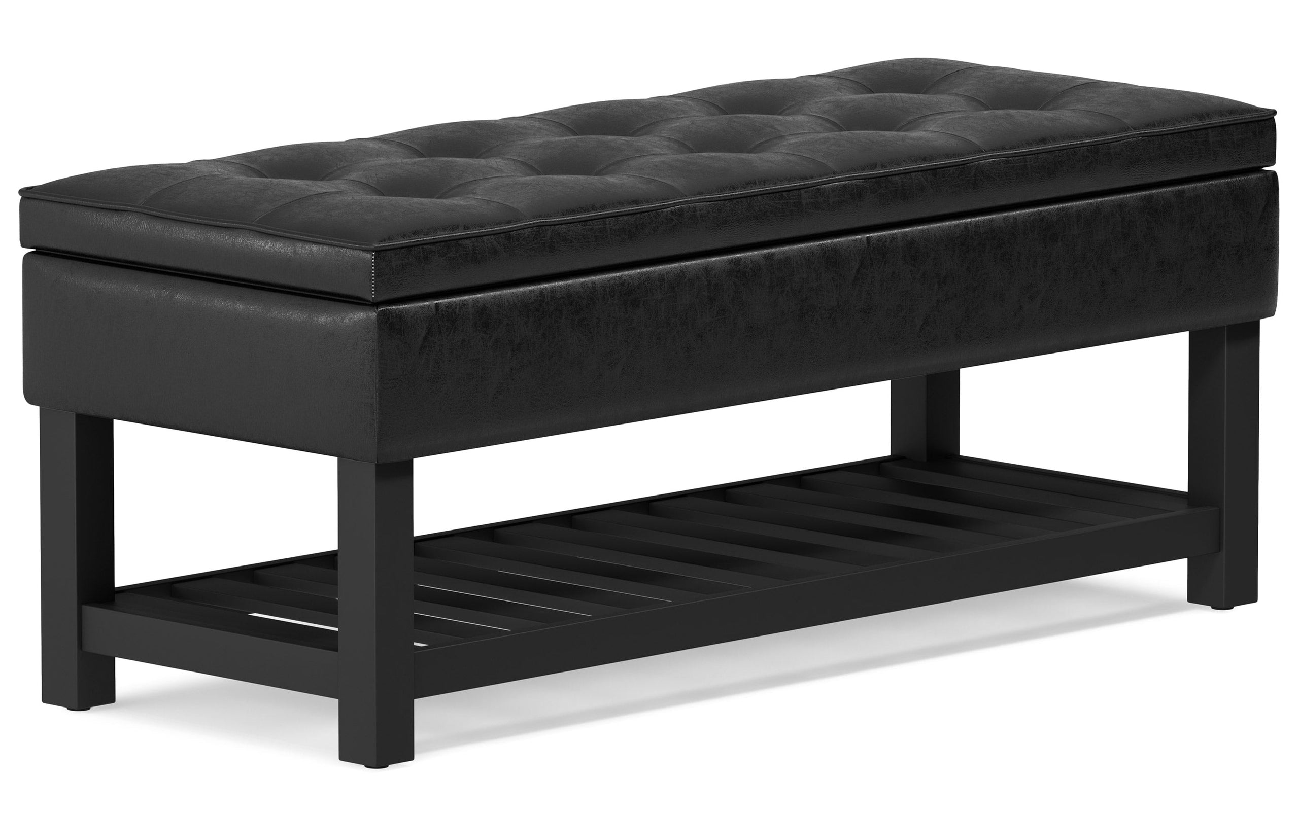 Distressed Black Distressed Vegan Leather | Cosmopolitan Entryway Storage Ottoman