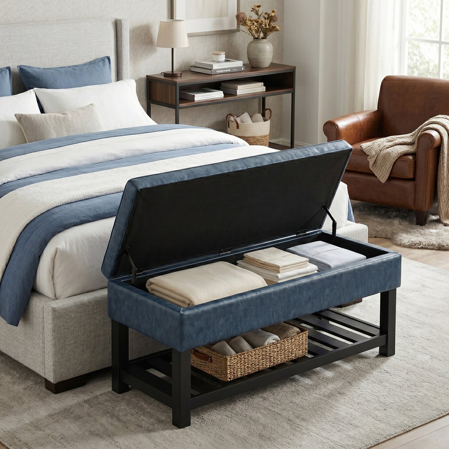 Denim Blue Vegan Leather | Cosmopolitan Entryway Storage Ottoman Bench