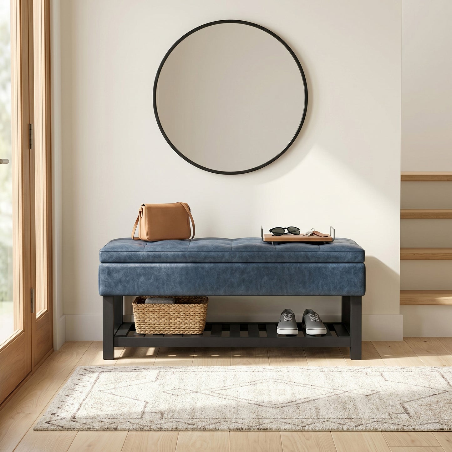 Denim Blue Vegan Leather | Cosmopolitan Entryway Storage Ottoman Bench
