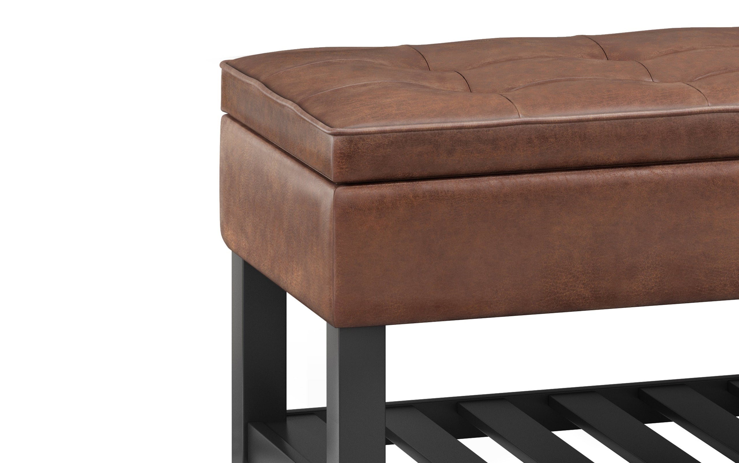 Distressed Saddle Brown Distressed Vegan Leather | Cosmopolitan Entryway Storage Ottoman