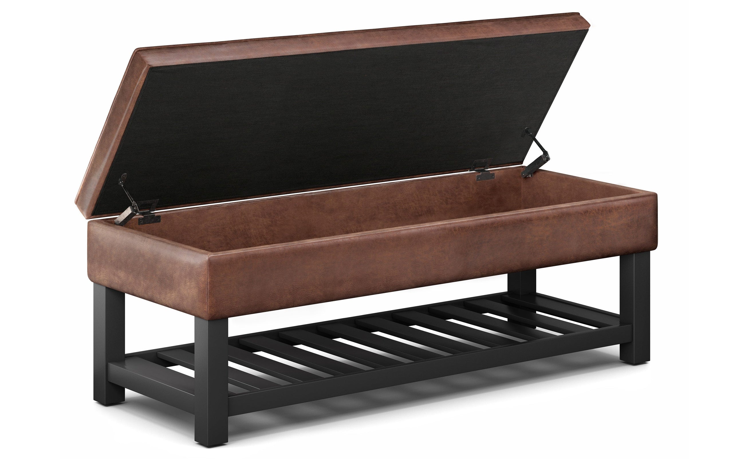 Distressed Saddle Brown Distressed Vegan Leather | Cosmopolitan Entryway Storage Ottoman
