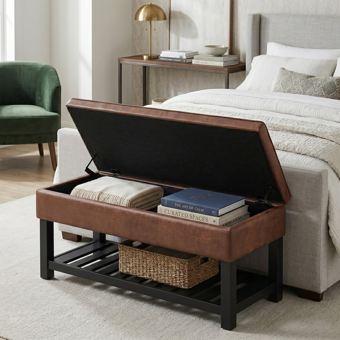 Distressed Saddle Brown Distressed Vegan Leather | Cosmopolitan Ottoman Bench in Distressed Vegan Leather