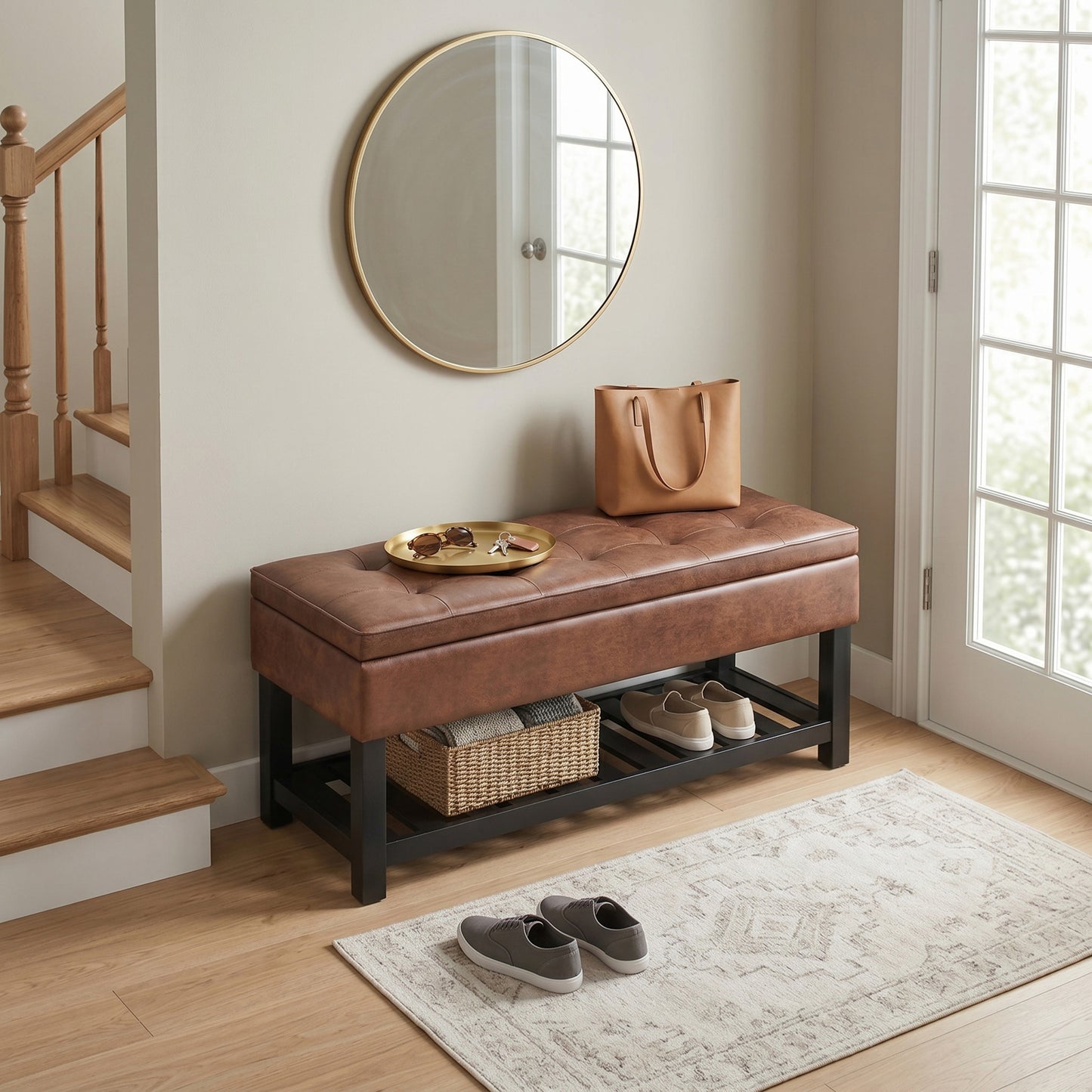 Distressed Saddle Brown Distressed Vegan Leather | Cosmopolitan Ottoman Bench in Distressed Vegan Leather