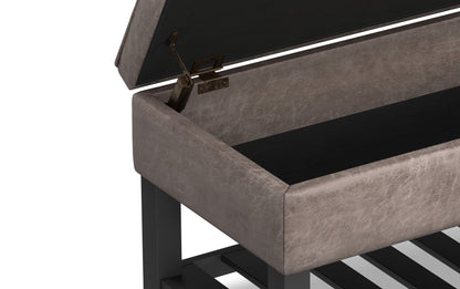 Distressed Grey Taupe Distressed Vegan Leather | Cosmopolitan Entryway Storage Ottoman Bench