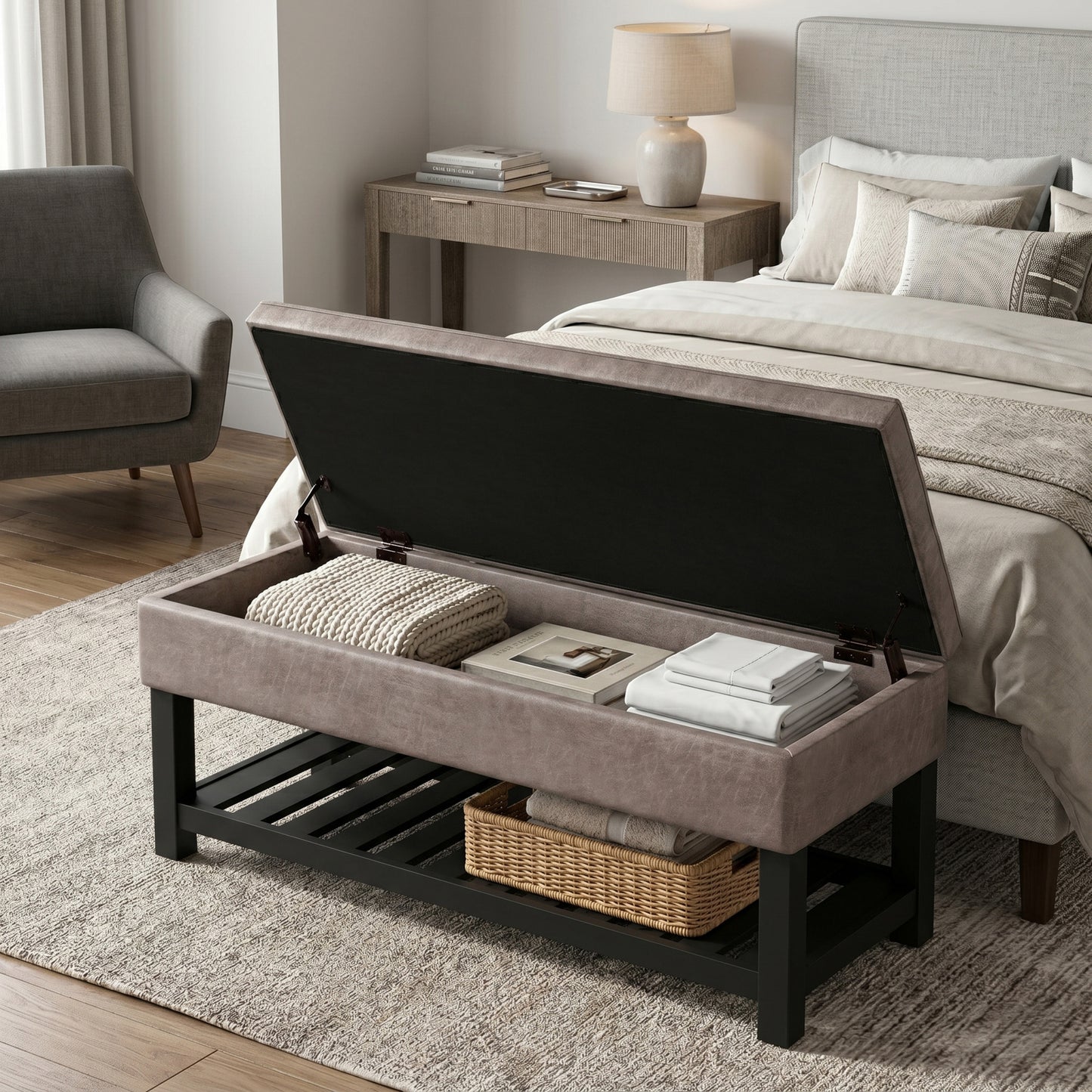 Distressed Grey Taupe Distressed Vegan Leather | Cosmopolitan Ottoman Bench in Distressed Vegan Leather