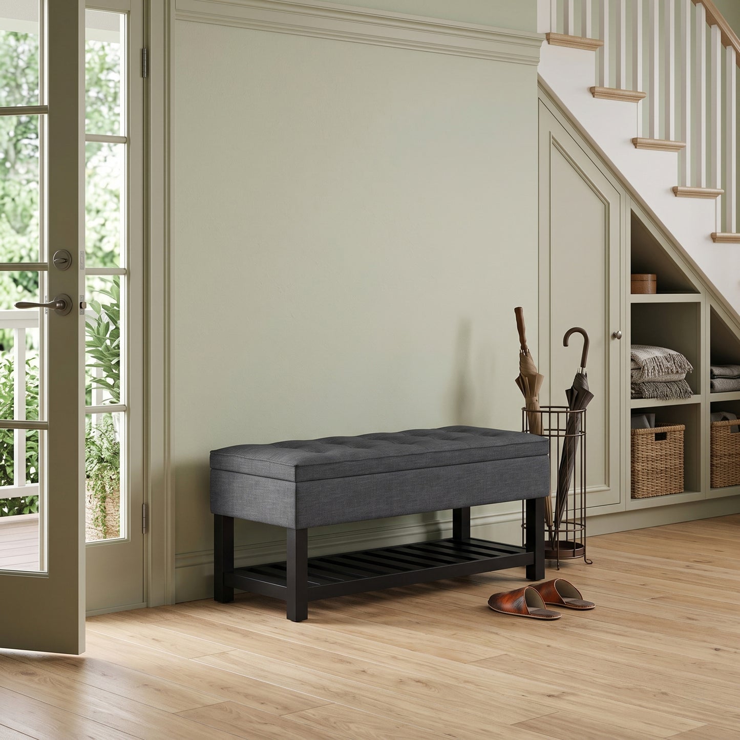 Slate Grey Linen Style Fabric | Cosmopolitan Ottoman Bench in Linen
