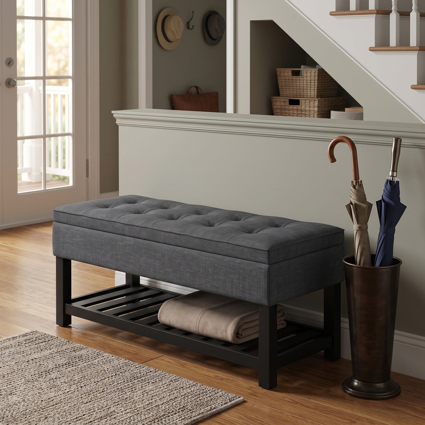 Slate Grey Linen Style Fabric | Cosmopolitan Ottoman Bench in Linen