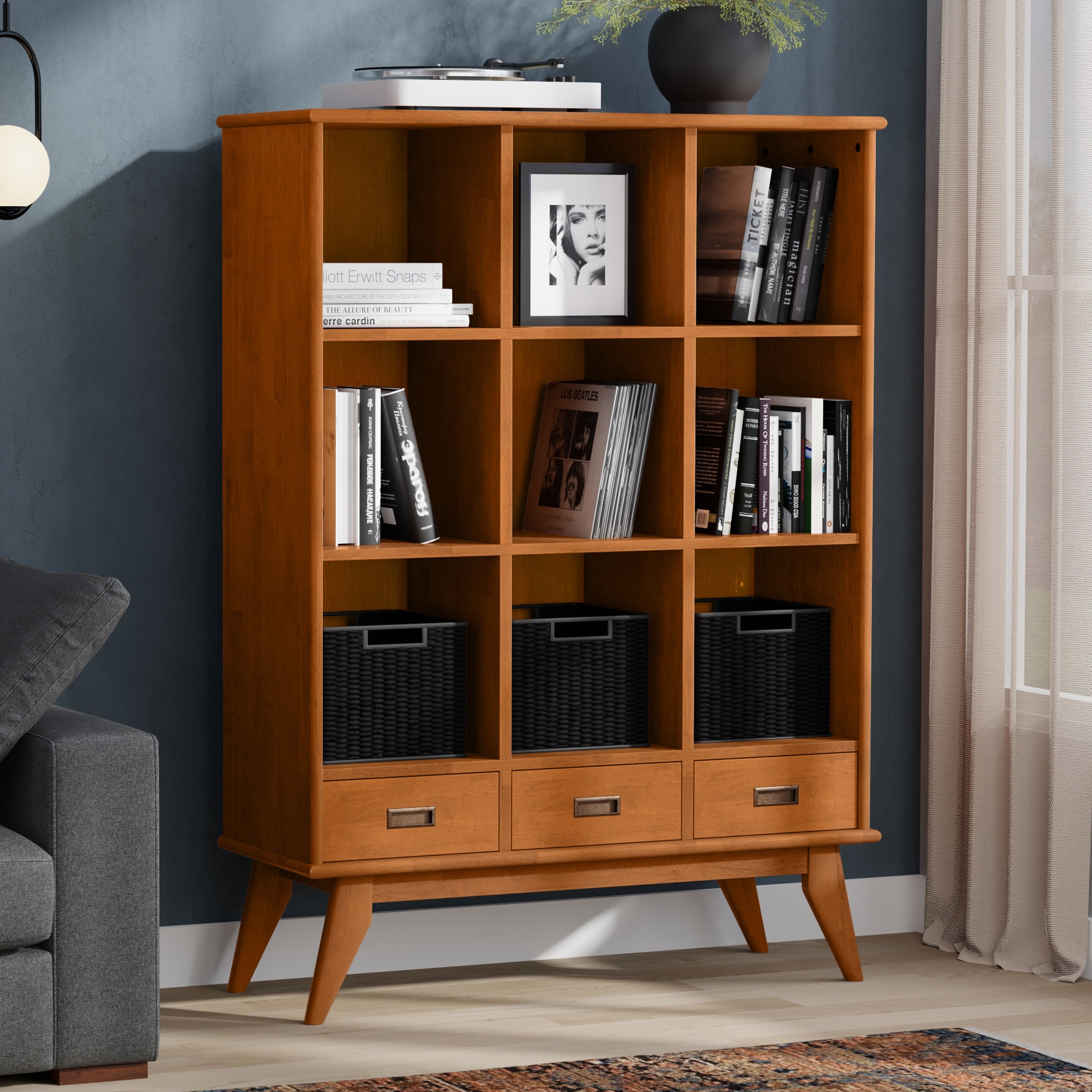 Draper Solid Hardwood 9 Cube Storage Bookcase with Drawers in Teak