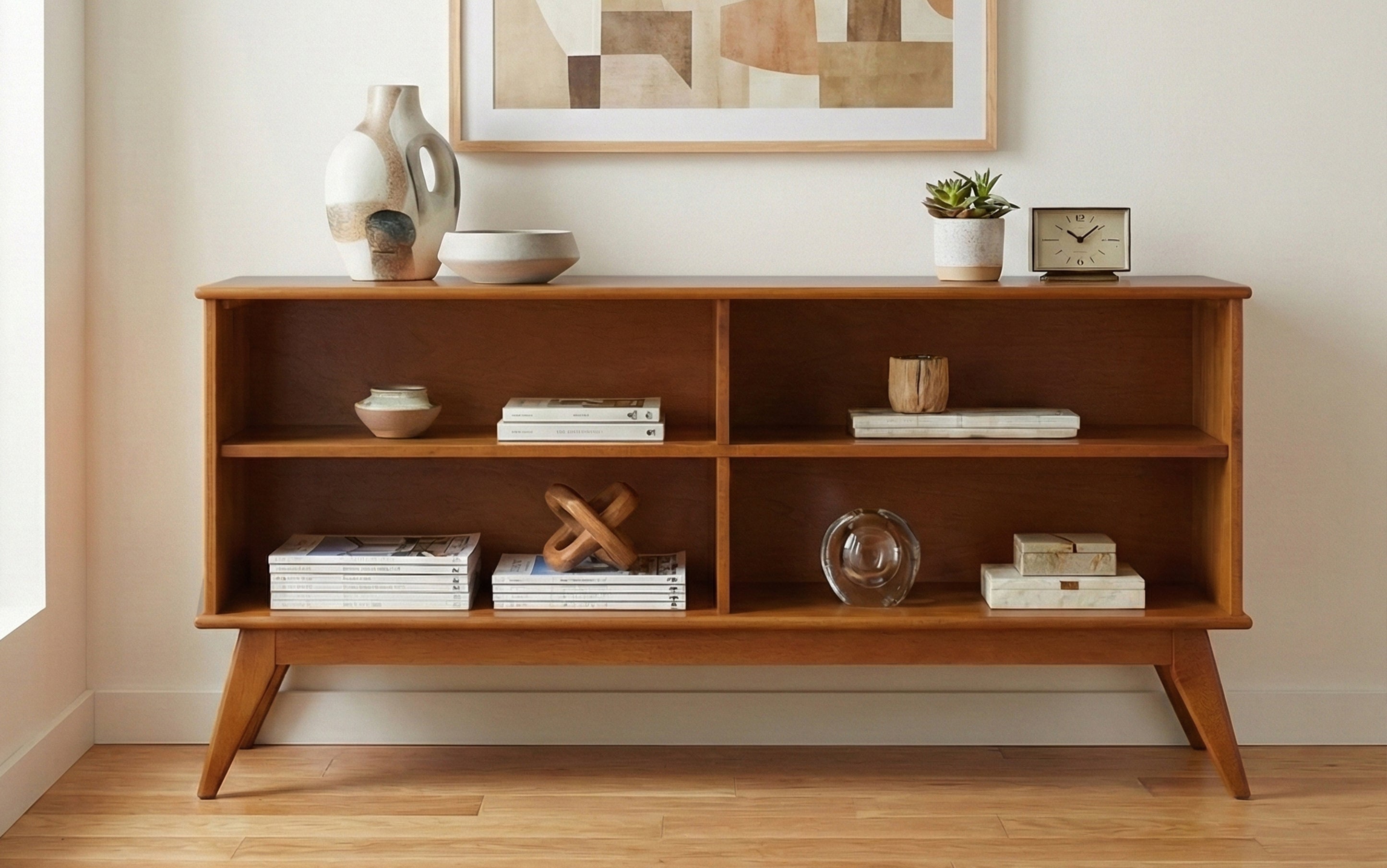 Teak Brown Solid Hardwood Bookcase | Draper Low Bookshelf – Simpli