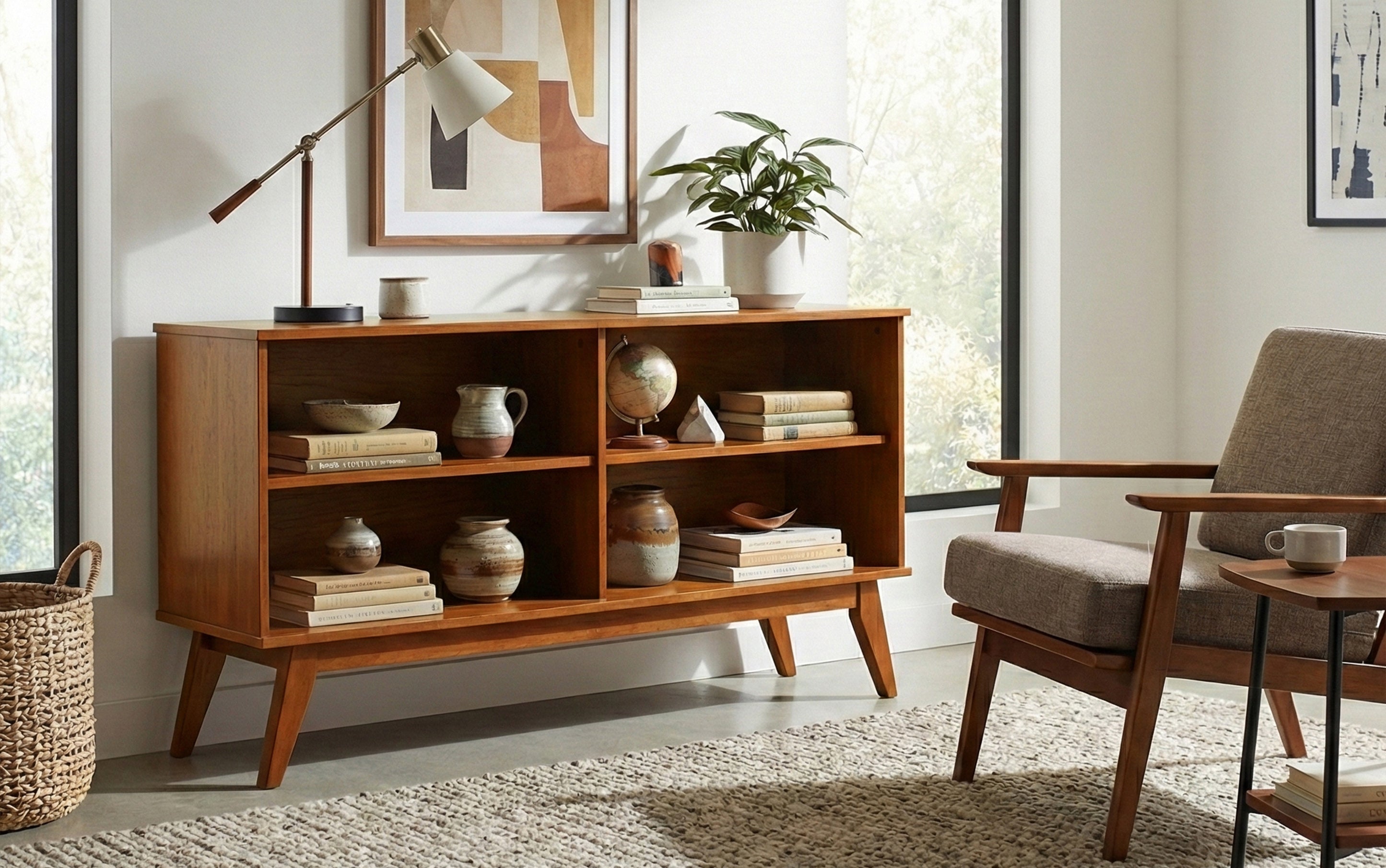 Teak Brown Solid Hardwood Bookcase | Draper Low Bookshelf – Simpli