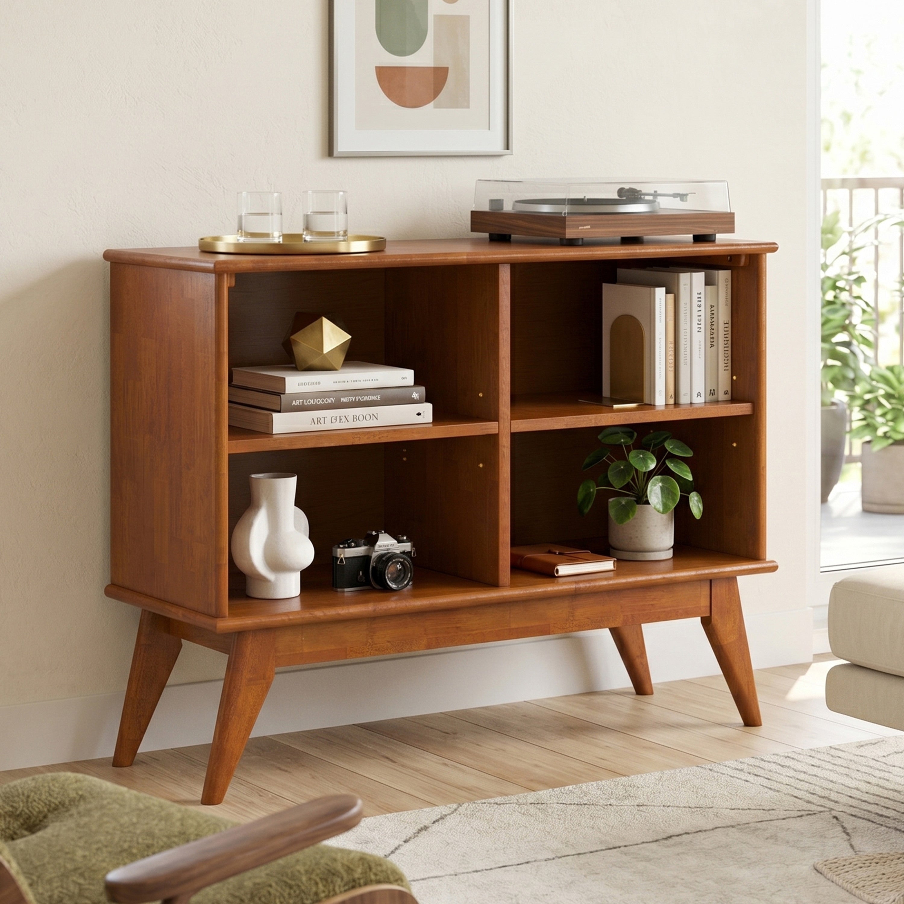 Draper 42 inch Wide Solid Wood 4 Shelf Low Bookcase in Teak Brown